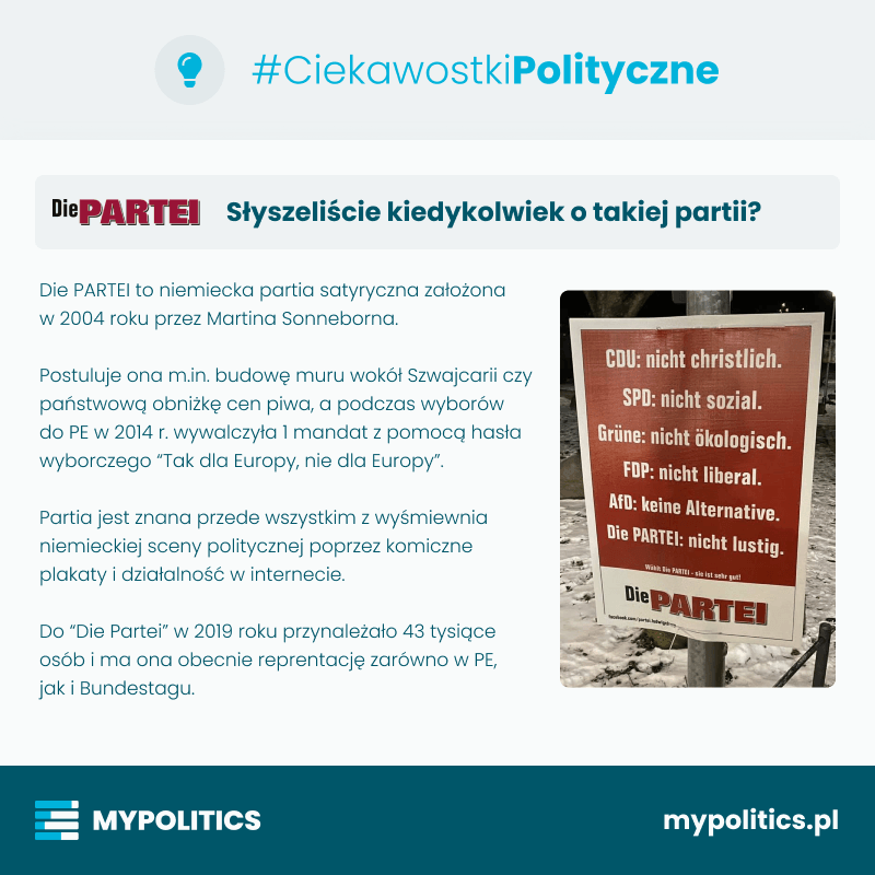 ⭐ Die Partei - Słyszeliście kiedykolwiek o takiej partii?

👉 Zagłosowalibyście na nich? :)

#CiekawostkiPolityczne